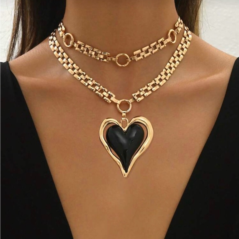 Gold Layered Heart Pendant Necklace with Black Enamel